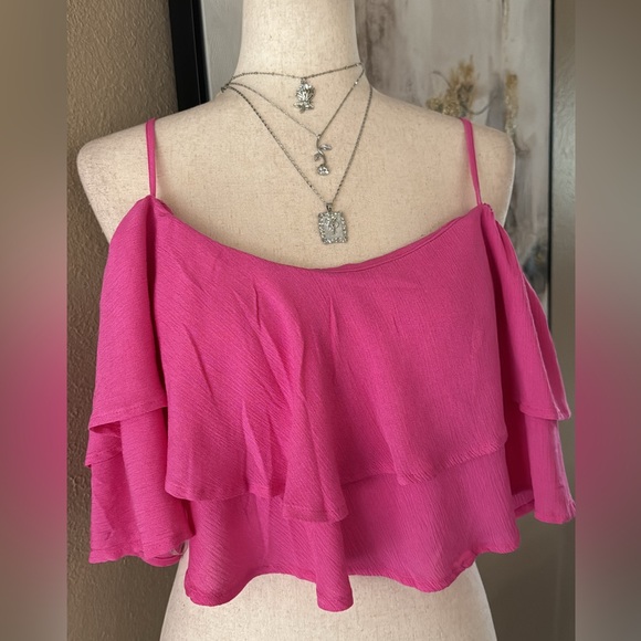 Pink Ruffle Layered Crop Flounce Women's Top - Picture 6 of 7